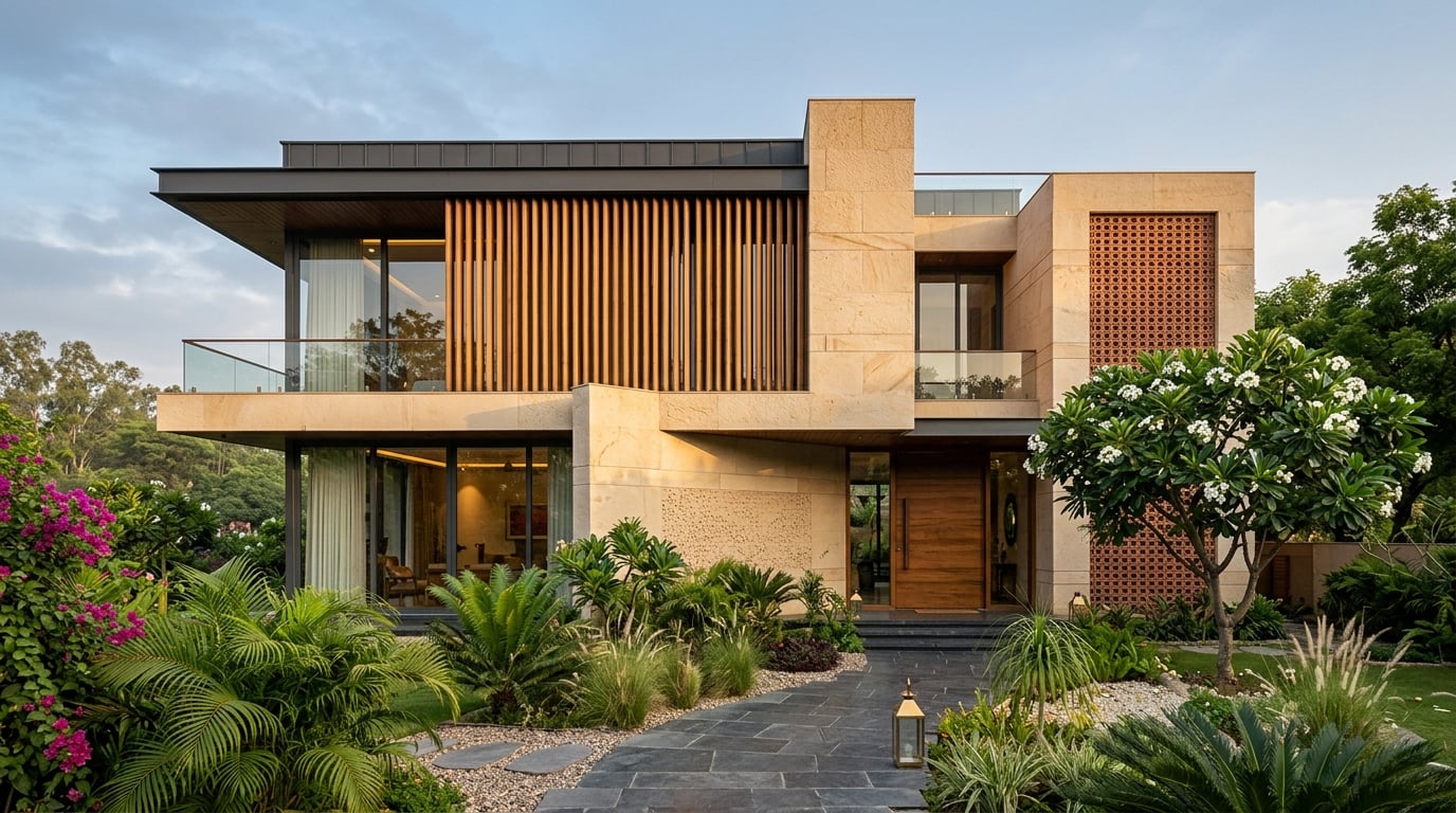 Trygve Studio — Contemporary Luxury Villa Architecture with Dholpur Stone & Teak Jali in Lucknow